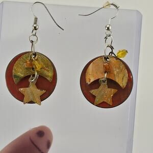 Vintage Handmade Boho Dangle Earrings Star Moon Mixed Media Rustic Art Jewelry